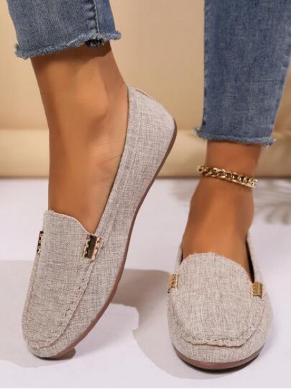 Women's Linen-Texture Moc-Toe Driving Slip on Loafer Flats in Beige EU Size 43